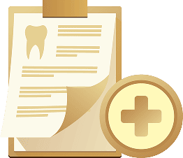 Biểu tượng hồ sơ nha khoa với biểu tượng răng và dấu thập y tế – thiết kế màu vàng mô phỏng tài liệu điều trị và quản lý sức khỏe tại Nha Khoa Phương Thành