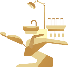 Biểu tượng ghế nha khoa hiện đại – thiết kế màu vàng mô phỏng ghế điều trị, đèn chiếu, bồn rửa và bộ dụng cụ nha khoa, đại diện cho cơ sở vật chất tại Nha Khoa Phương Thành