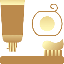 Biểu tượng dụng cụ vệ sinh răng miệng gồm kem đánh răng, bàn chải và chỉ nha khoa – thiết kế màu vàng sang trọng đại diện cho chăm sóc răng miệng tại Nha Khoa Phương Thành