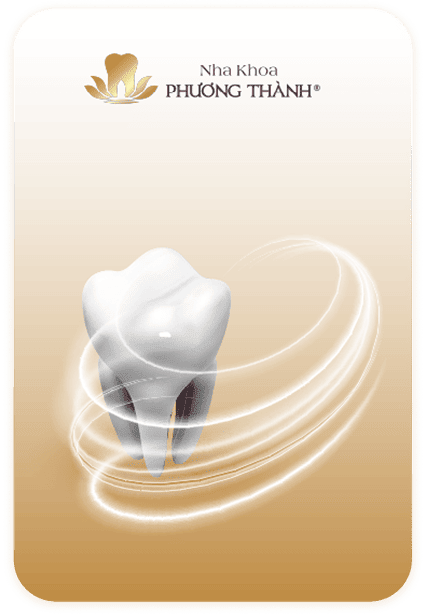 Hình ảnh biểu tượng Nha Khoa Phương Thành – logo răng vàng kết hợp nền gradient kem và răng trắng 3D với hiệu ứng xoáy sáng, thể hiện sự chuyên nghiệp và hiện đại trong chăm sóc răng miệng