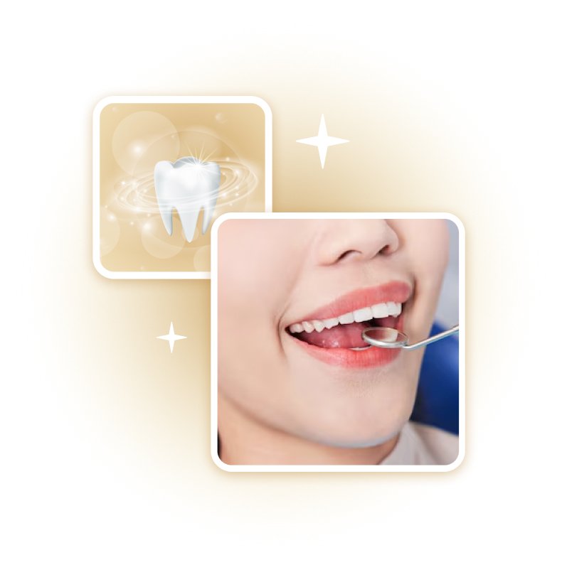 Biểu tượng răng sáng và hình ảnh kiểm tra răng miệng – thể hiện dịch vụ chăm sóc và kiểm tra nha khoa tại Nha Khoa Phương Thành