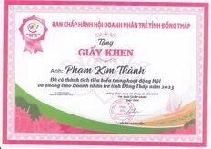Giấy khen của Ban Chấp hành Hội Doanh nhân trẻ tỉnh Đồng Tháp tặng BS Phạm Kim Thành vì thành tích tiêu biểu trong hoạt động Hội và phong trào Doanh nhân trẻ năm 2023