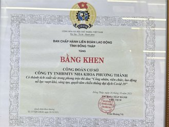 Bằng khen trao cho Công ty TNHH MTV Nha khoa Phương Thành từ Ban Chấp hành Liên đoàn Lao động Tỉnh Đồng Tháp, ghi nhận thành tích trong phong trào 'Cùng nhau, chia sẻ, hỗ trợ, hợp tác để vượt khó, sáng tạo, vượt lên trong điều kiện dịch Covid-19'