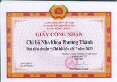 Giấy công nhận Chi bộ Nha khoa Phương Thành đạt tiêu chuẩn 'Chi bộ bốn tốt' năm 2023