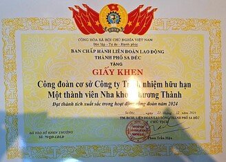 Giấy khen Liên đoàn Lao động TP Sa Đéc tặng Công đoàn Nha khoa Phương Thành về thành tích hoạt động xuất sắc