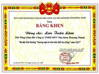 Bằng khen Tỉnh Đoàn Đồng Tháp cho ông Lưu Tuấn Lâm, Nha khoa Phương Thành đạt giải Gương mặt trẻ tiêu biểu