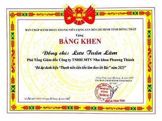 Bằng khen Tỉnh Đoàn cho ông Lưu Tuấn Lâm, Nha khoa Phương Thành đạt danh hiệu Thanh niên tiên tiến làm theo lời Bác