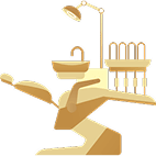 Hình ảnh biểu tượng ghế nha khoa với đèn và các dụng cụ nha khoa, tượng trưng cho môi trường làm việc trong phòng khám nha khoa