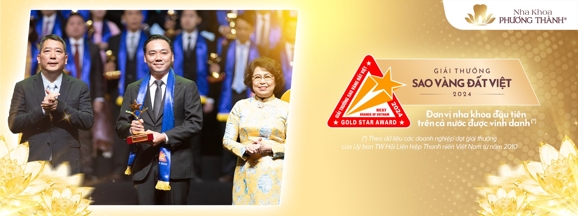 Footer - Hình ảnh lễ trao giải thưởng Sao Vàng Đất Việt 2024, với đại diện Nha khoa Phương Thành nhận giải thưởng, cùng các nhân vật khác trong không gian trang trọng