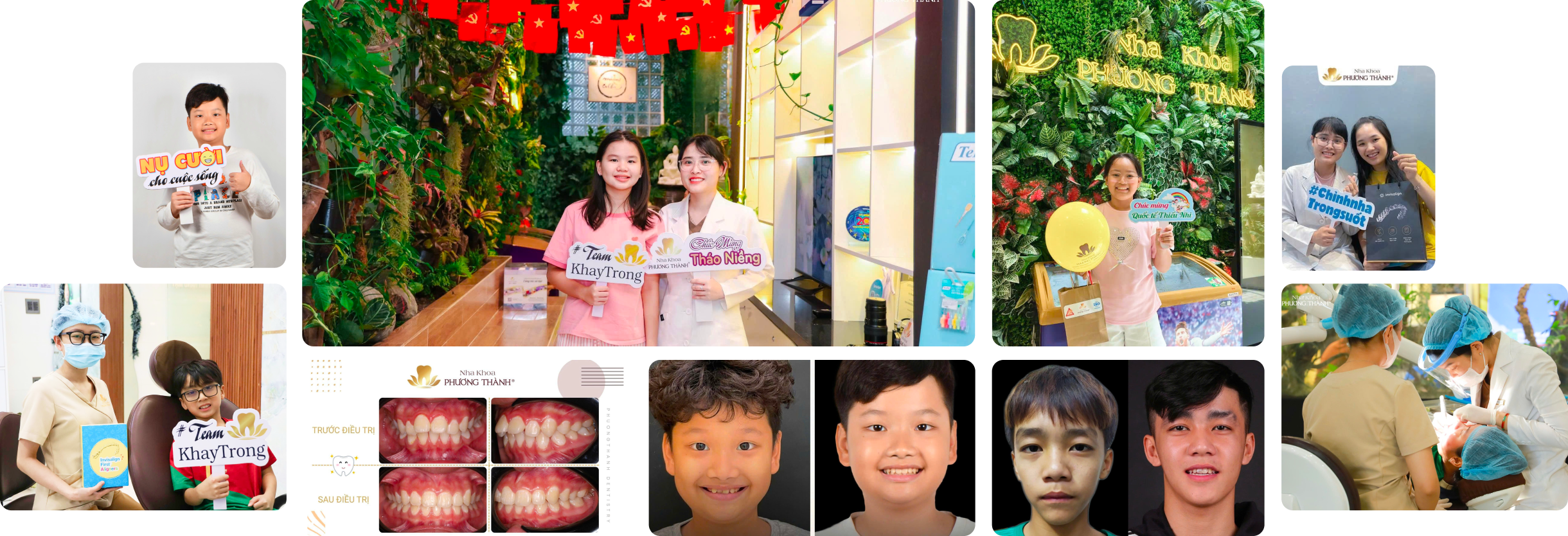 Hình ảnh tổng hợp khách hàng trẻ em, nhân viên, không gian phòng khám và kết quả chỉnh nha tại Nha khoa Phương Thành