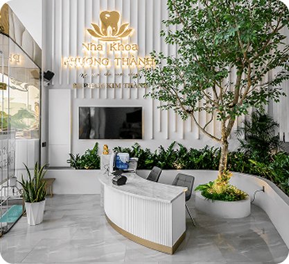 Quầy lễ tân hiện đại của Nha Khoa Phương Thành với thiết kế sang trọng, cây xanh trang trí, màn hình TV và logo nha khoa nổi bật tạo cảm giác chuyên nghiệp và thân thiện.